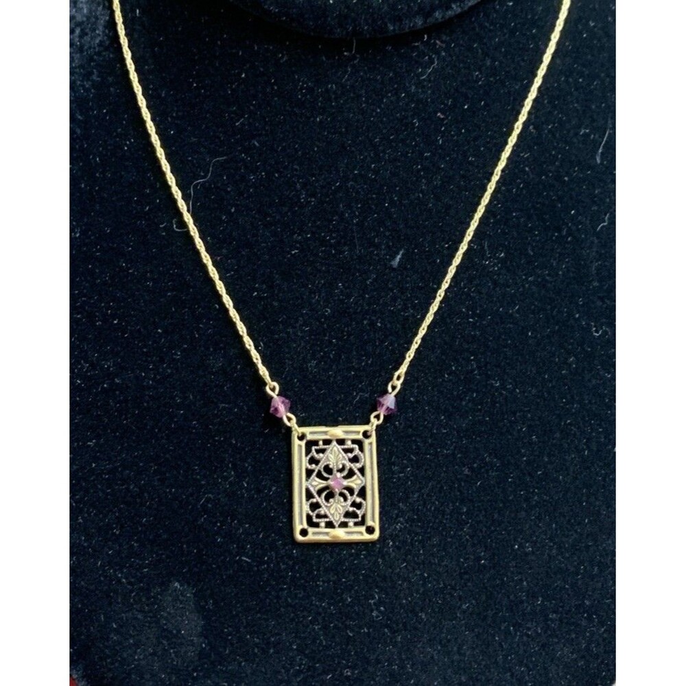 Vintage Gold Plated Faux Purple Garnet Victorian Reproduction Pendant Necklace